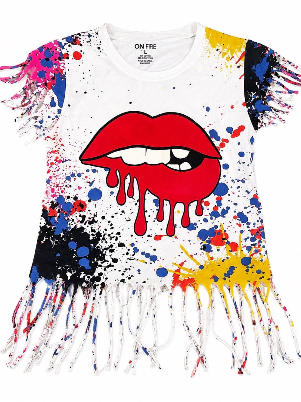 On Fire Lip Graphic Fringe T-Shirt Women’s M Paint Splatter Y2K Festival